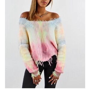 Skylar + Madison Tie Dye Distressed Crop Sweater Medium Reversible Fringe Grunge